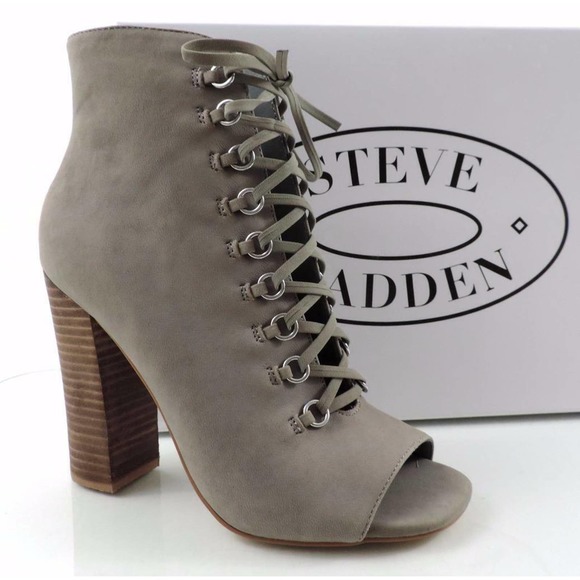 Steve Madden Shoes - Steve Madden FREEMEE Lace Up Open Toe Heel Booties Grey Leather Size 7.5